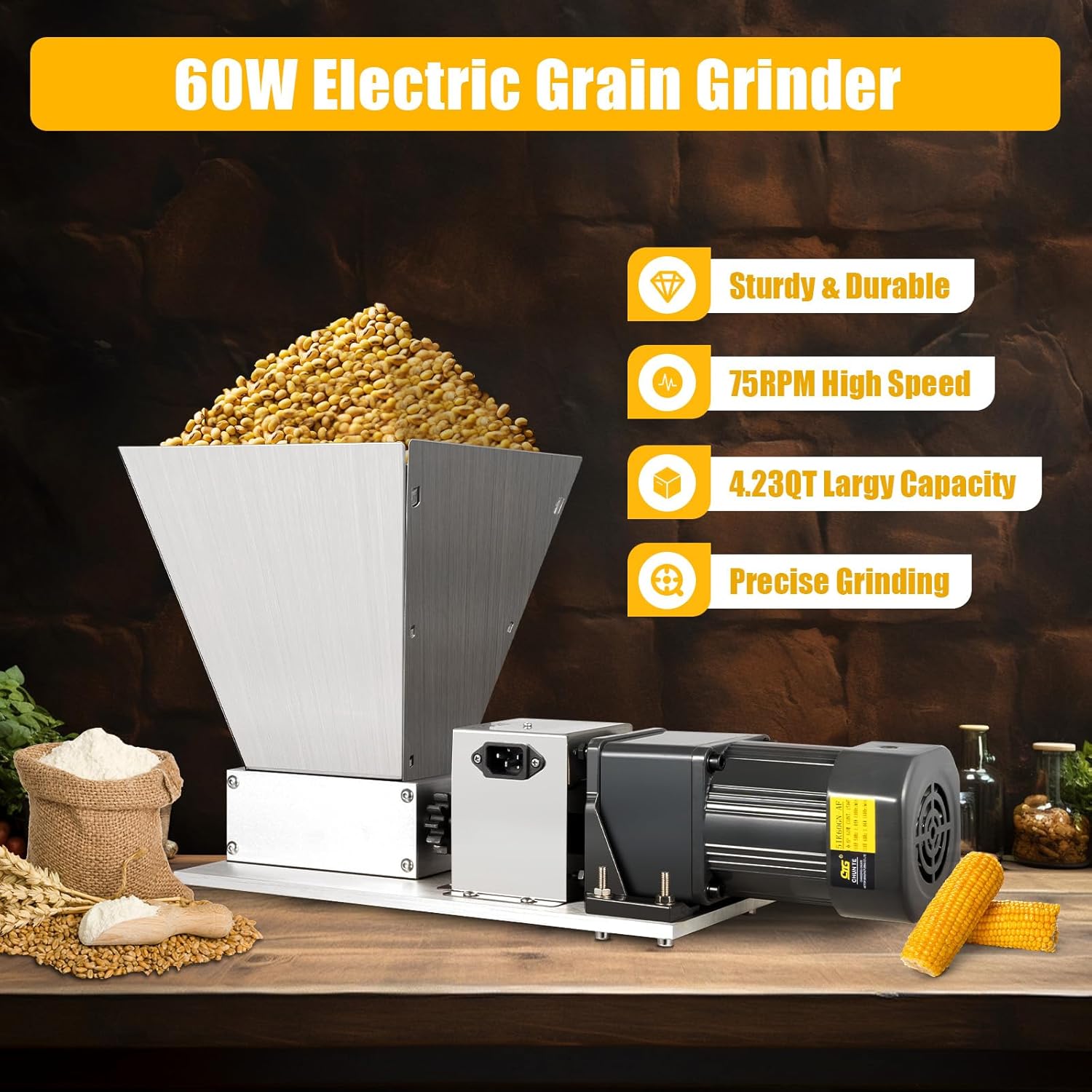 Grain Mill Grinder 60W Electric Barley Grinder Malt Crusher Machine Food Grade Stainless Steel Home Brew Grain Corn Wheat Mill Milling Grinding Machine 2 Rollers with 11lbs 4pcs Hoppers 110V US Plug