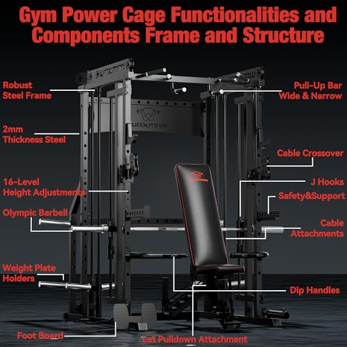 Waxman Smith Machine with Cable Crossover System, Multi - Function Squat Rack Power Cage for Home Gym & Power Rack Packages