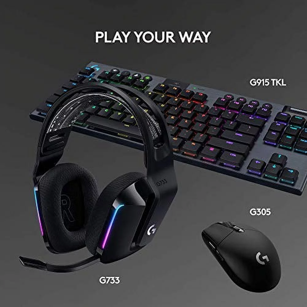 Logitech G733 LIGHTSPEED Wireless Gaming Headset with suspension headband, LIGHTSYNC RGB, Blue VO!CE mic technology and PRO-G audio drivers, Black