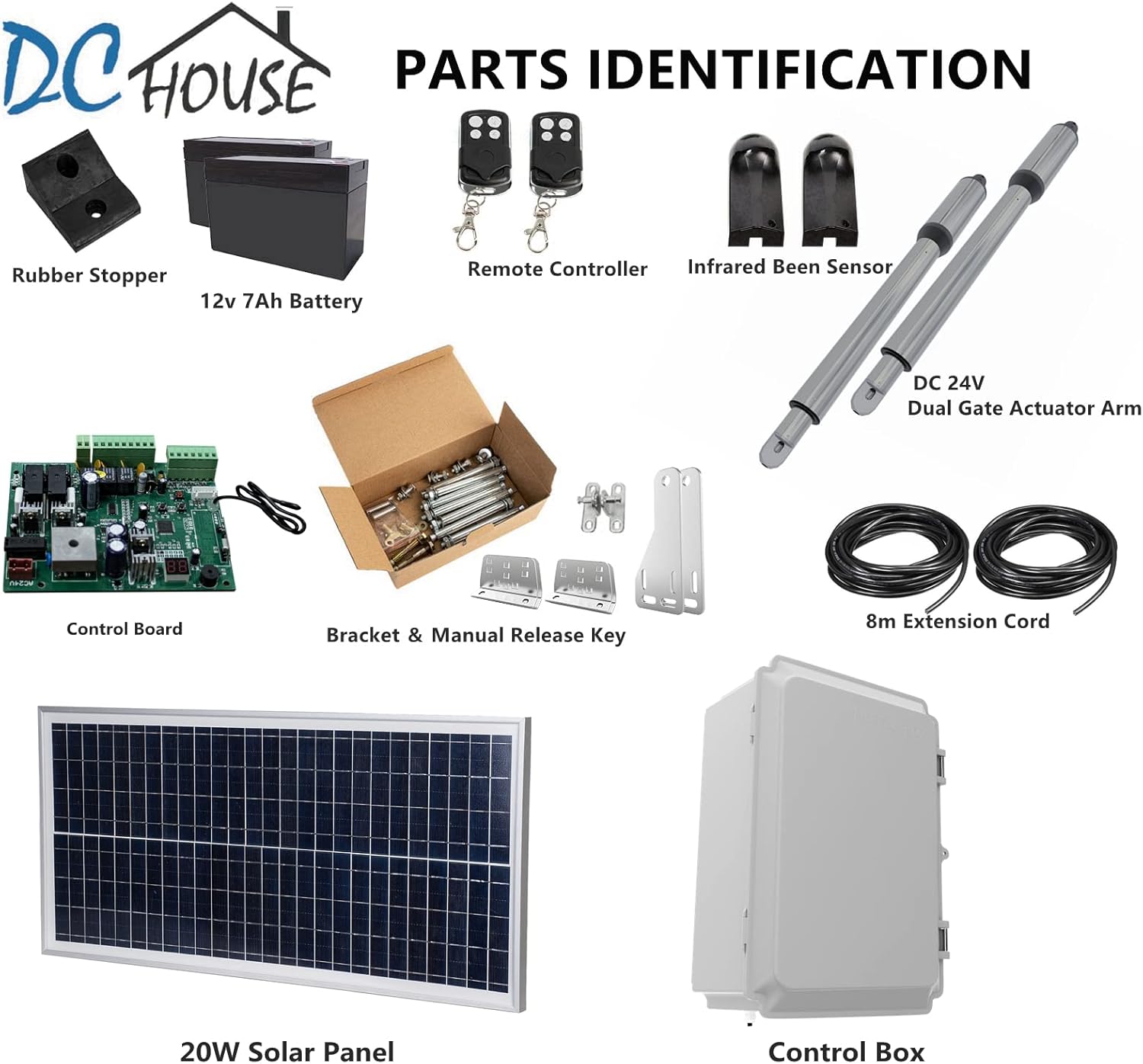DC HOUSE 24V DC/AC Heavy-Duty Automatic Solar Dual Gate Opener Kit with Keypad + Car Sensor for Swing Gates Up to 16.4 Feet for Fences/Palisades/Agricultural/Driveway Gates | Subcontract Delivery