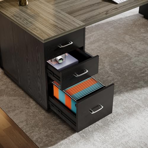 Tribesigns 85.8-Inch L-Shaped Executive Desk with File Drawers, Door Cabinet & Shelves, Extra Large Commercial Office Desk, Modern Professional Office Table, White & Brown Business Furniture