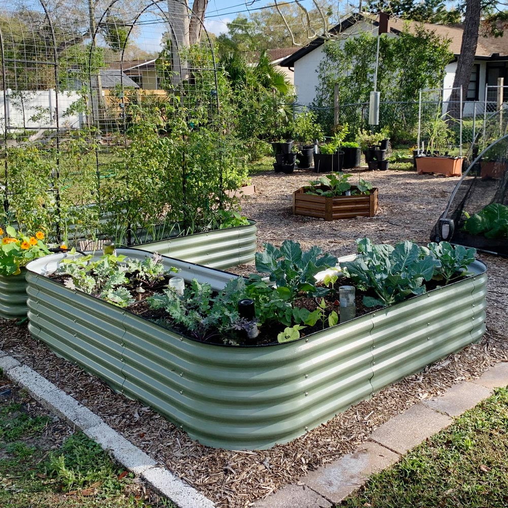 VEGEGA 17" Tall L-Shaped Modular Corrugated Metal Raised Garden Beds Large Size - Green