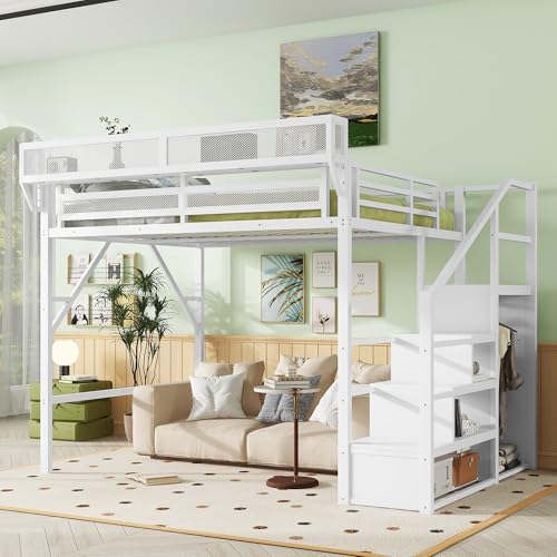 Full Size Loft Bed with Stairs and Storage, Metal Loft Bed Frame with Bedside Shelf and Large Under-Bed Space, Heavy-Duty Bed for Adults Teens and Kids, Black