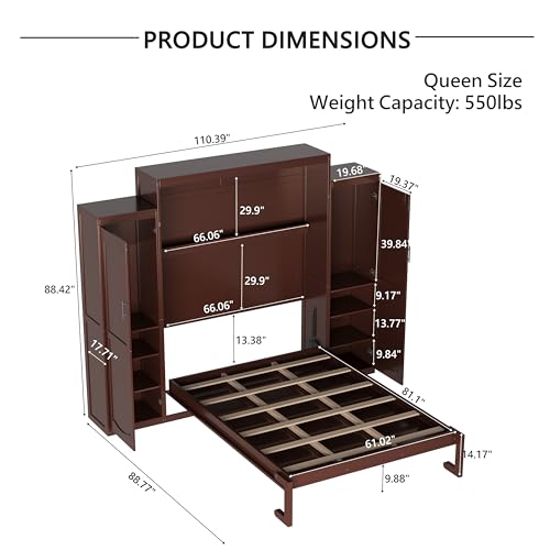 KLMM Wooden Murphy Bed Wall Bed with 2 Wardrobe and Storage Shelf,Foldable Platform Bedframe for Guest-Room Bedroom Study Office Use (White#E, Full)