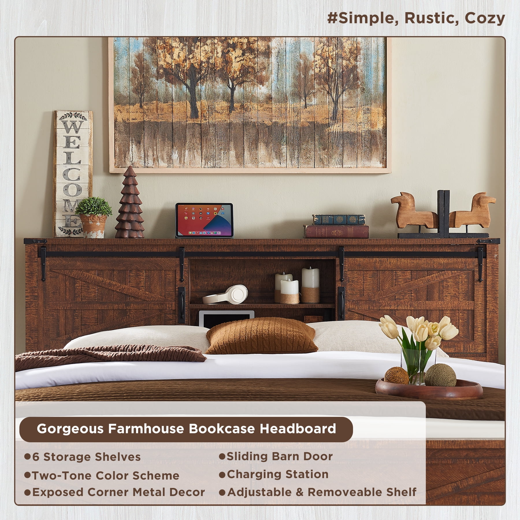 OKD Modern Farmhouse Full Platform Bed with Bookcase Headboard Storage and Charging Station, No Box Spring Needed, Anitique White Finish