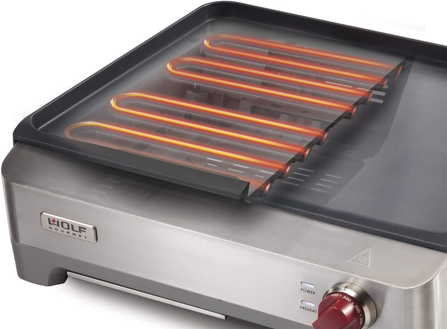 Wolf Gourmet Precision Electric Griddle, Indoor Grill, 200 sq. in, Nonstick Coating, Advanced Temperature Control, Stainless Steel, Red Knob (WGGR100S)