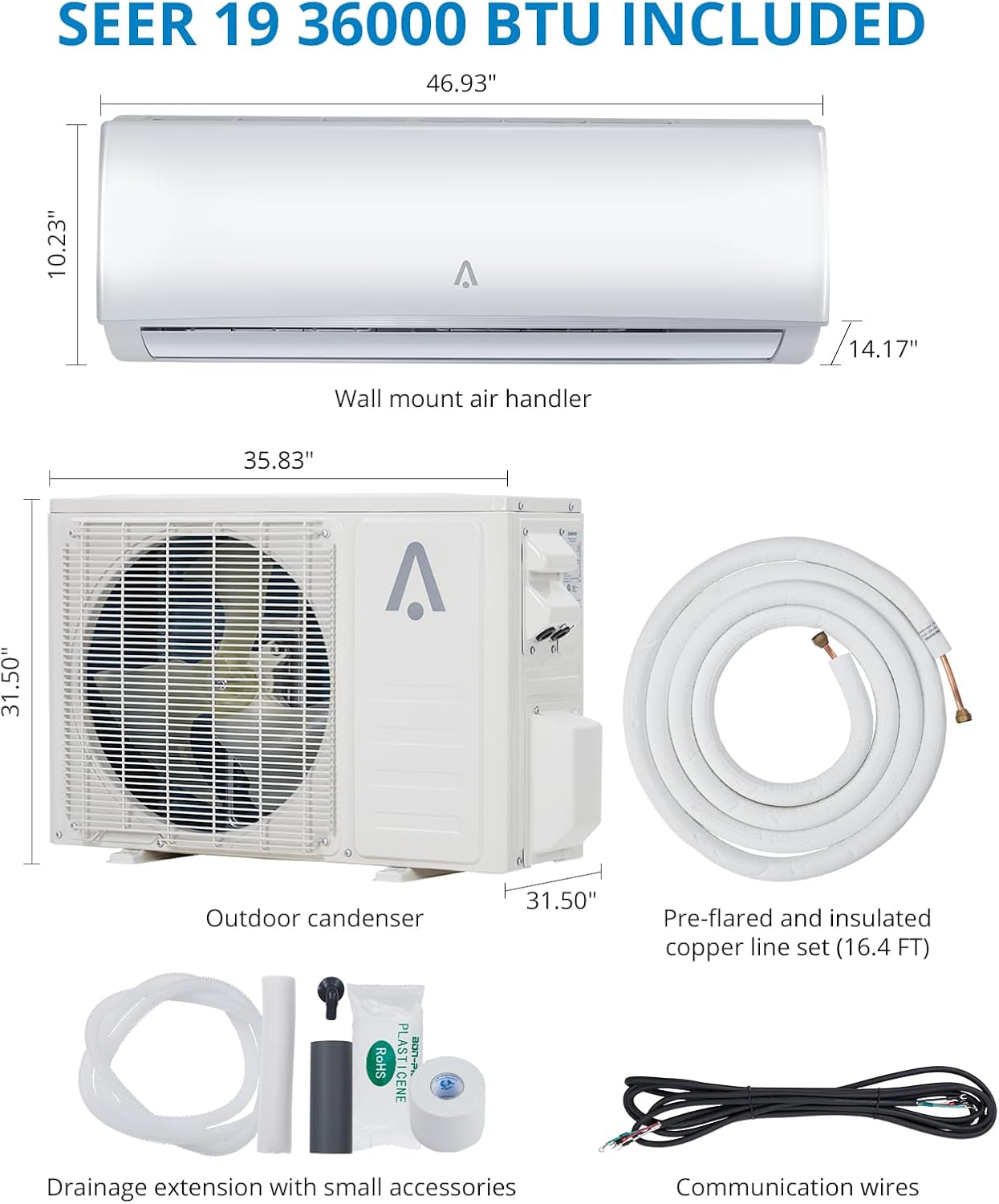 Litake 36,000 BTU Split Air Conditioner, Split AC/Heating System SEER 19 Split-System Air Conditioner Inverter, Wall Mount Ductless Mini Split A/C, Full Installation Kits