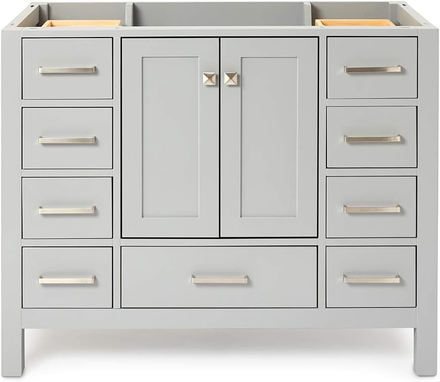 ARIEL 42 inch White Bathroom Vanity Base Cabinet with Single Sink Configuration | 2 Soft Closing Doors and 9 Full Extension Dovetail Drawers | Satin Nickel Hardware | 42 x 21.5 x 34.5