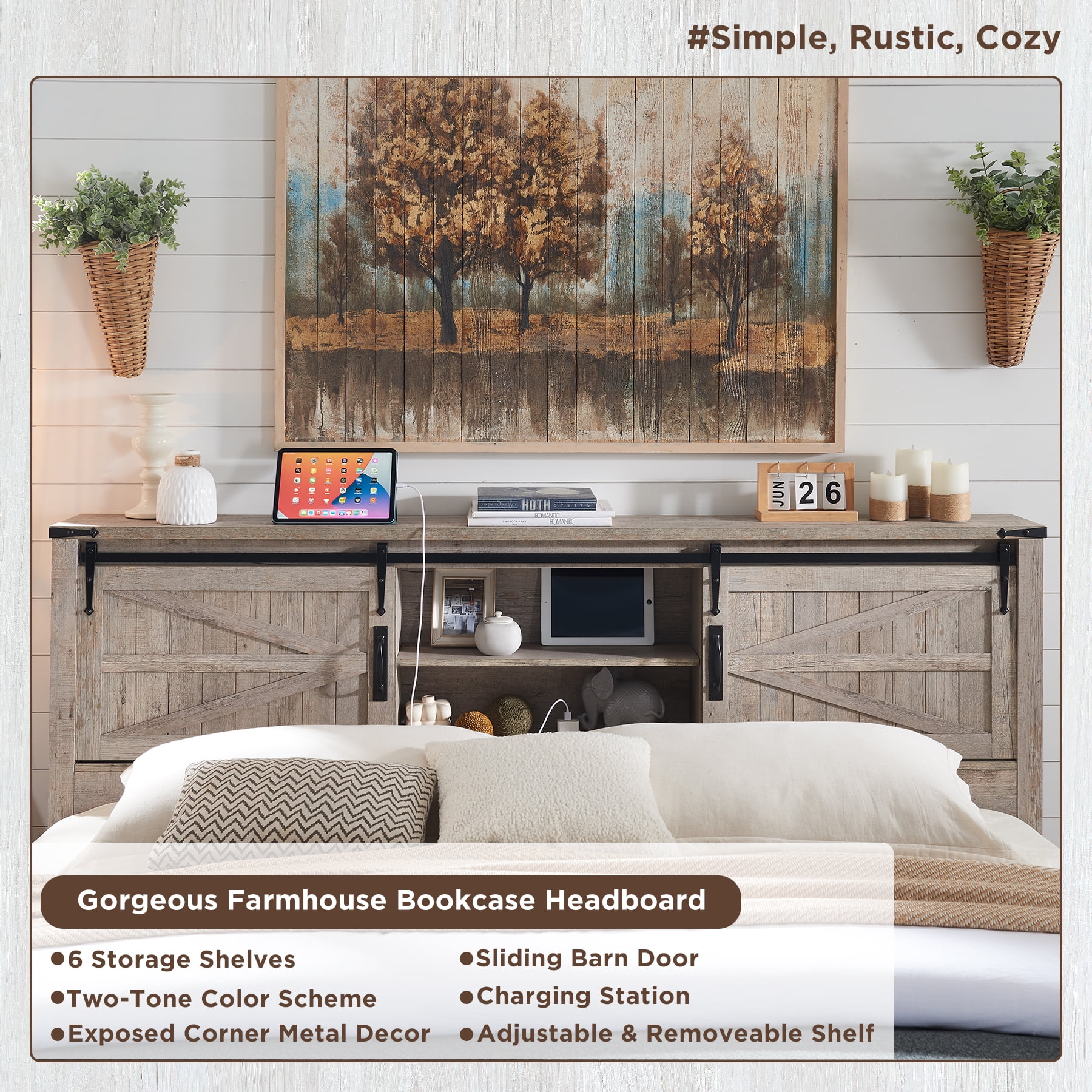 OKD Modern Farmhouse Full Platform Bed with Bookcase Headboard Storage and Charging Station, No Box Spring Needed, Anitique White Finish
