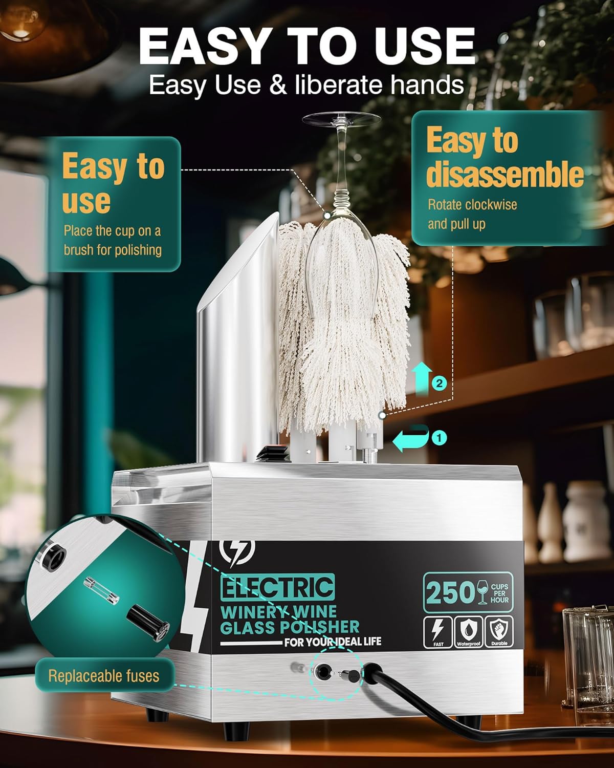Glass Polisher,3 Pure cotton Brushes Electric Wine Glass Polisher with High Powered Heater, Stainless-Steel Commercial glass polisher machine,Safe & Hygienic for Bar Kitchen Restaurants