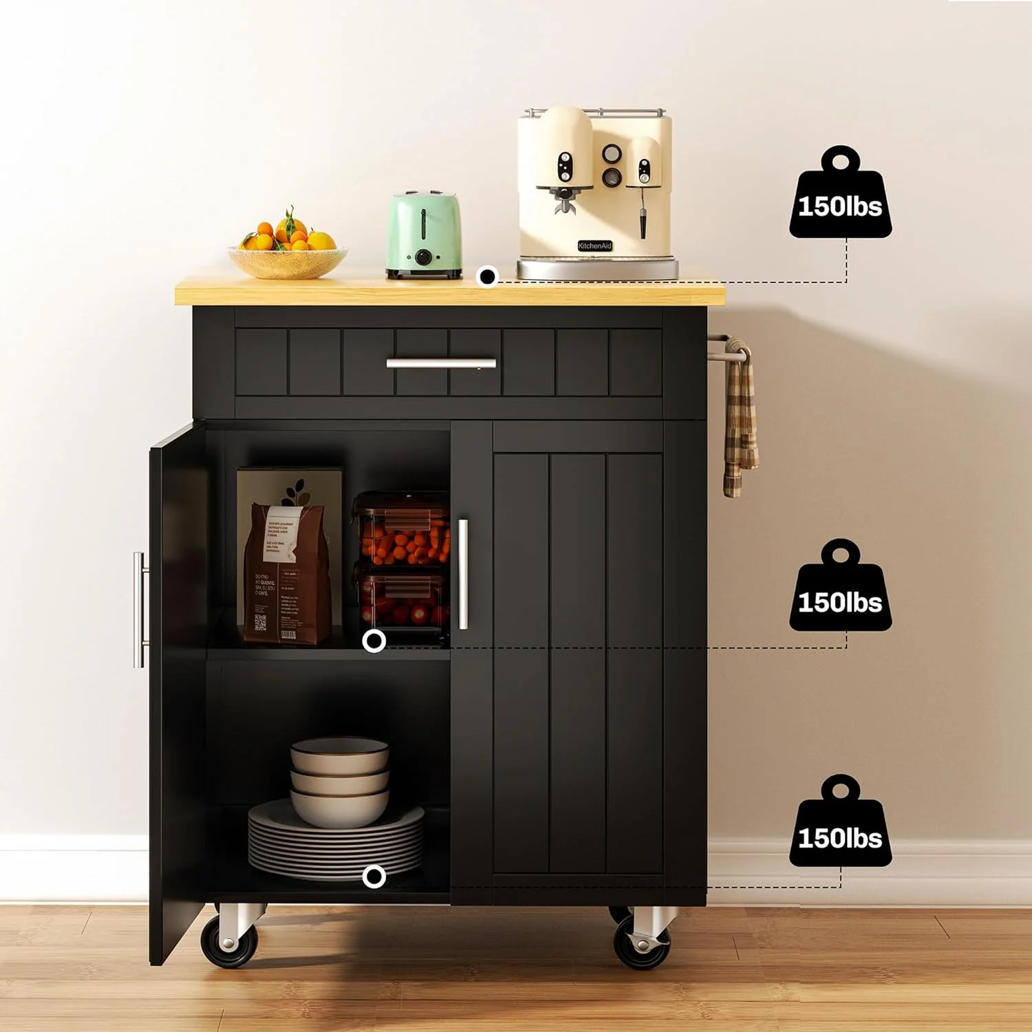 Kitchen Island on Wheels with Storage Cabinet & Drawer, 26" Width Rolling Kitchen Table, Cart Handle for Towel Rack or Free Mobility, Portable Islands for Kitchen, Dining Room(Black) - Curated Treasures Market