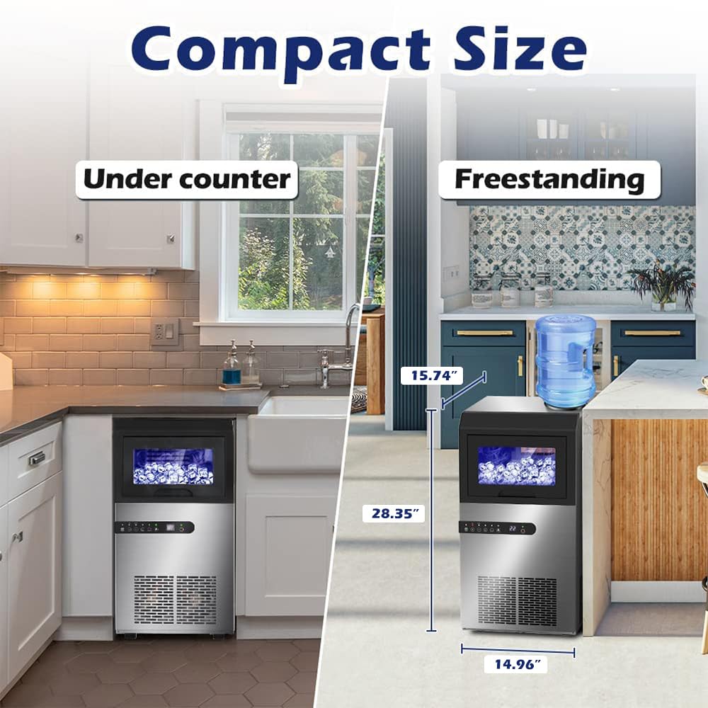 Commercial Ice Maker Machine, 100Lbs/24H Ice Production Under Counter Ice Maker, Tap Water & Top Loading Freestanding Ice Machine, 45 Ice Cubes/Cycle, Include Ice Scoop, Connection Hose