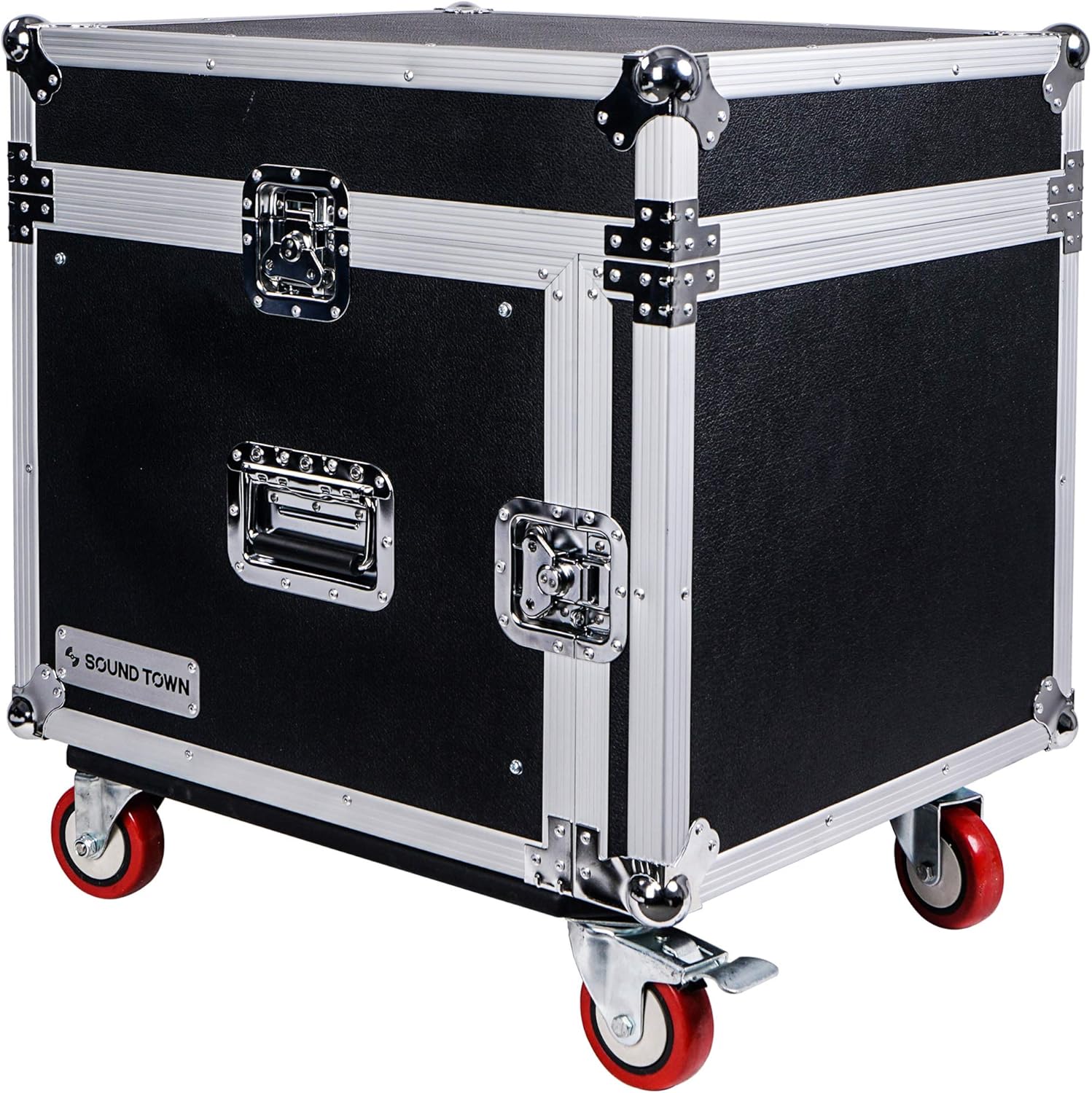 Sound Town 8U PA DJ Pro Audio Rack/Road ATA Case with 13U Slant Mixer Top, 23.5’’ Rackable Depth and Casters, 8 Space Size, Pro Tour Grade (STMR-8UW)