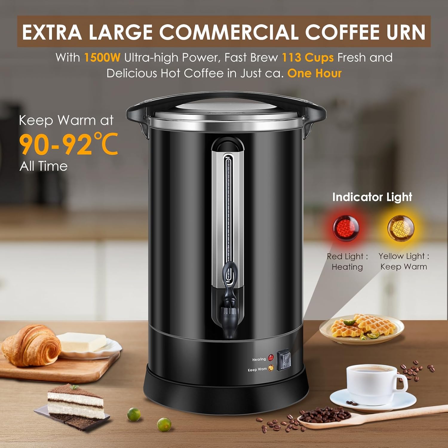 Coffee Urn 100Cups Large Coffee Dispenser 14.2L Full Stainless Steel Commercial Coffee Maker Double Wall Quick Brew Electric Beverage Dispenser Hot Water Urn-Black