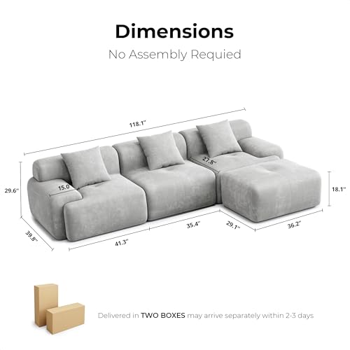 LIKIMIO 118" Modern L-Shaped Modular Sectional Sofa for Living Room, Corduroy Upholstery Green, Oversized 3-Seater Couch with Deep Seat and Movable Ottoman – No Assembly