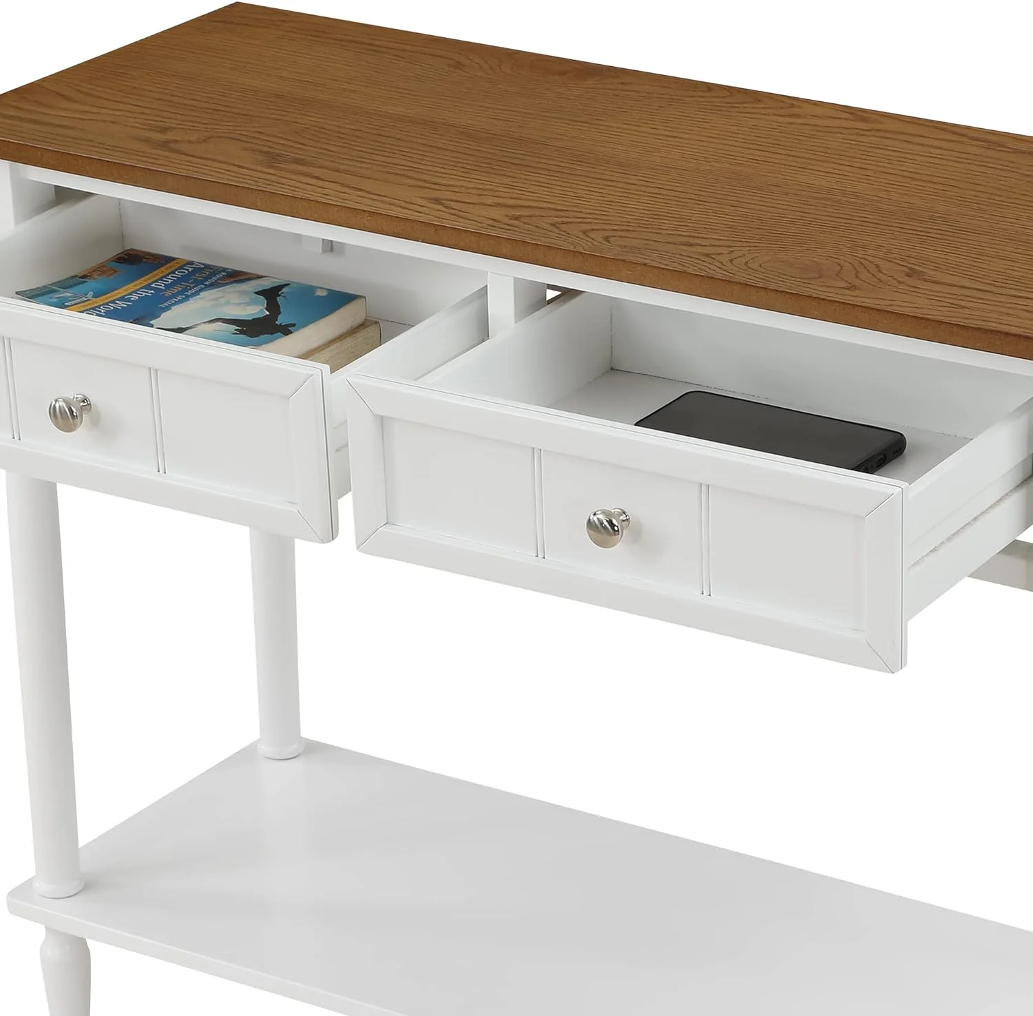 French Country 2 Drawer Hall Table With Shelf, Driftwood/White