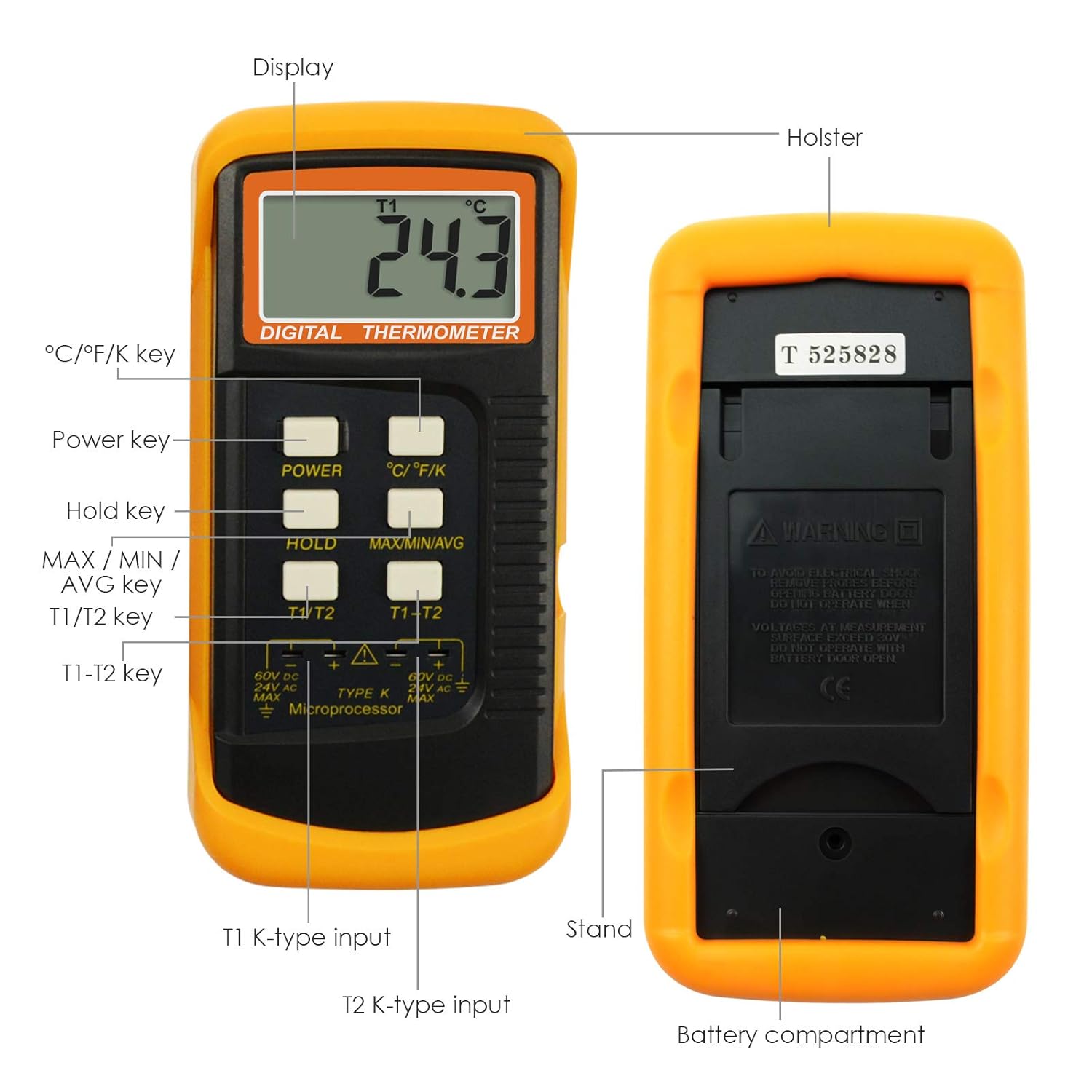 Digital 2 Channels K-Type Thermometer w/ 4 Thermocouples (Wired & Stainless Steel), -50~1300&deg;C (-58~2372&deg;F) Handheld Desktop High Temperature Kelvin Scale Dual Measurement Meter Sensor