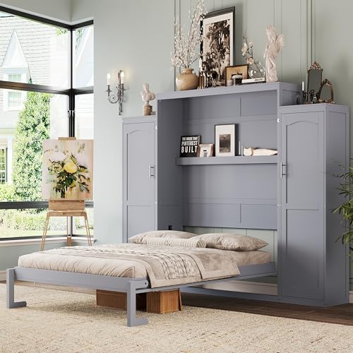 KLMM Wooden Murphy Bed Wall Bed with 2 Wardrobe and Storage Shelf,Foldable Platform Bedframe for Guest-Room Bedroom Study Office Use (White#E, Full)
