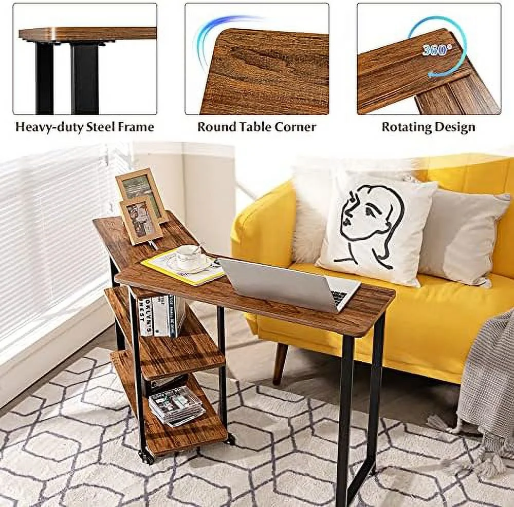 KHBIULIFE ° Rotating Sofa   Patented L-Shaped Corner Desk with 2-Tier    Mobile End Table Movable Laptop Table with Casters  for Home Office (Walnut)