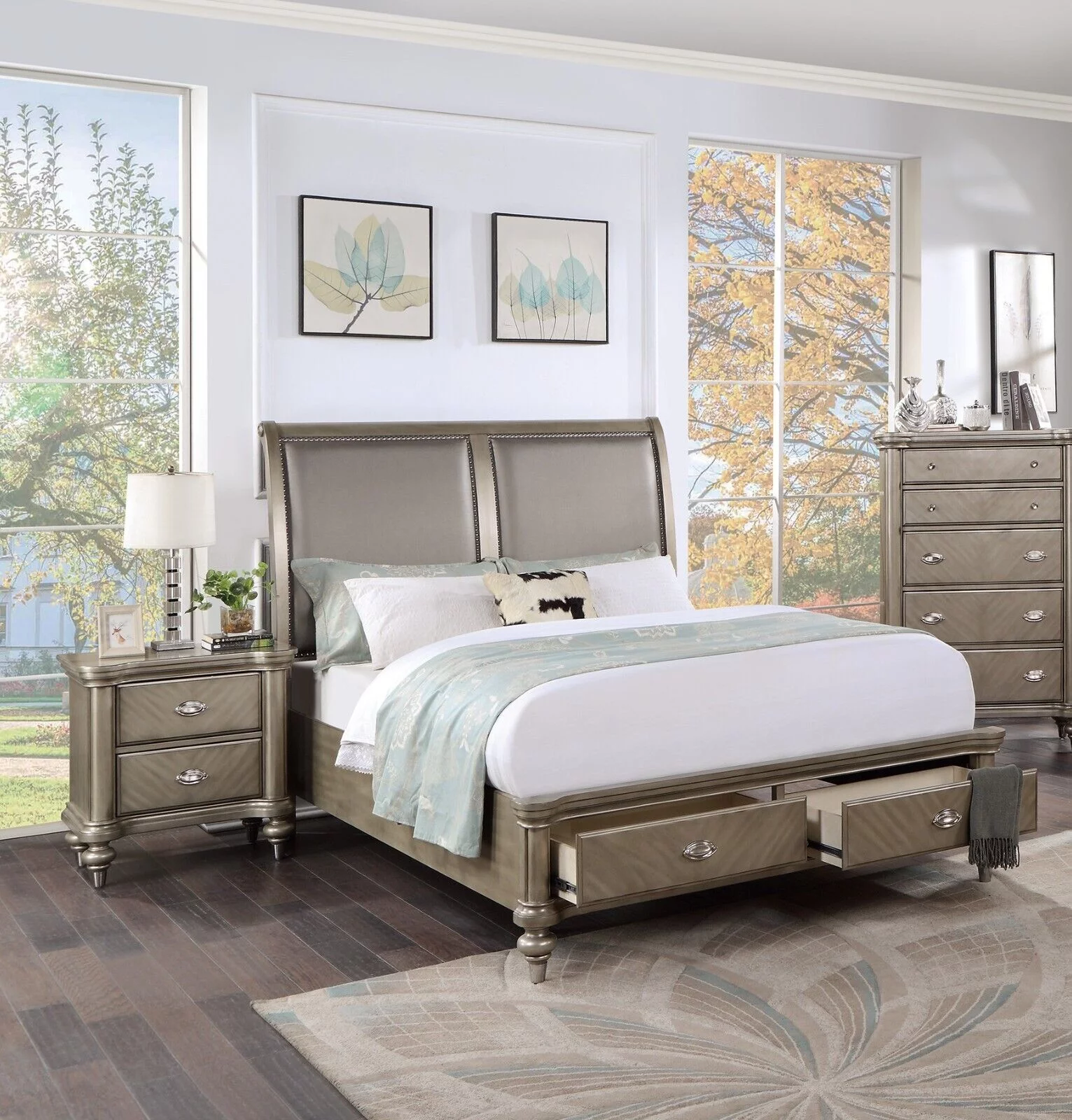 Eastern King Size Bed And 2x Nightstands Grey Finish Bedroom Furniture 3pc Set Gorgeous Classic Luxury Wooden Veneer