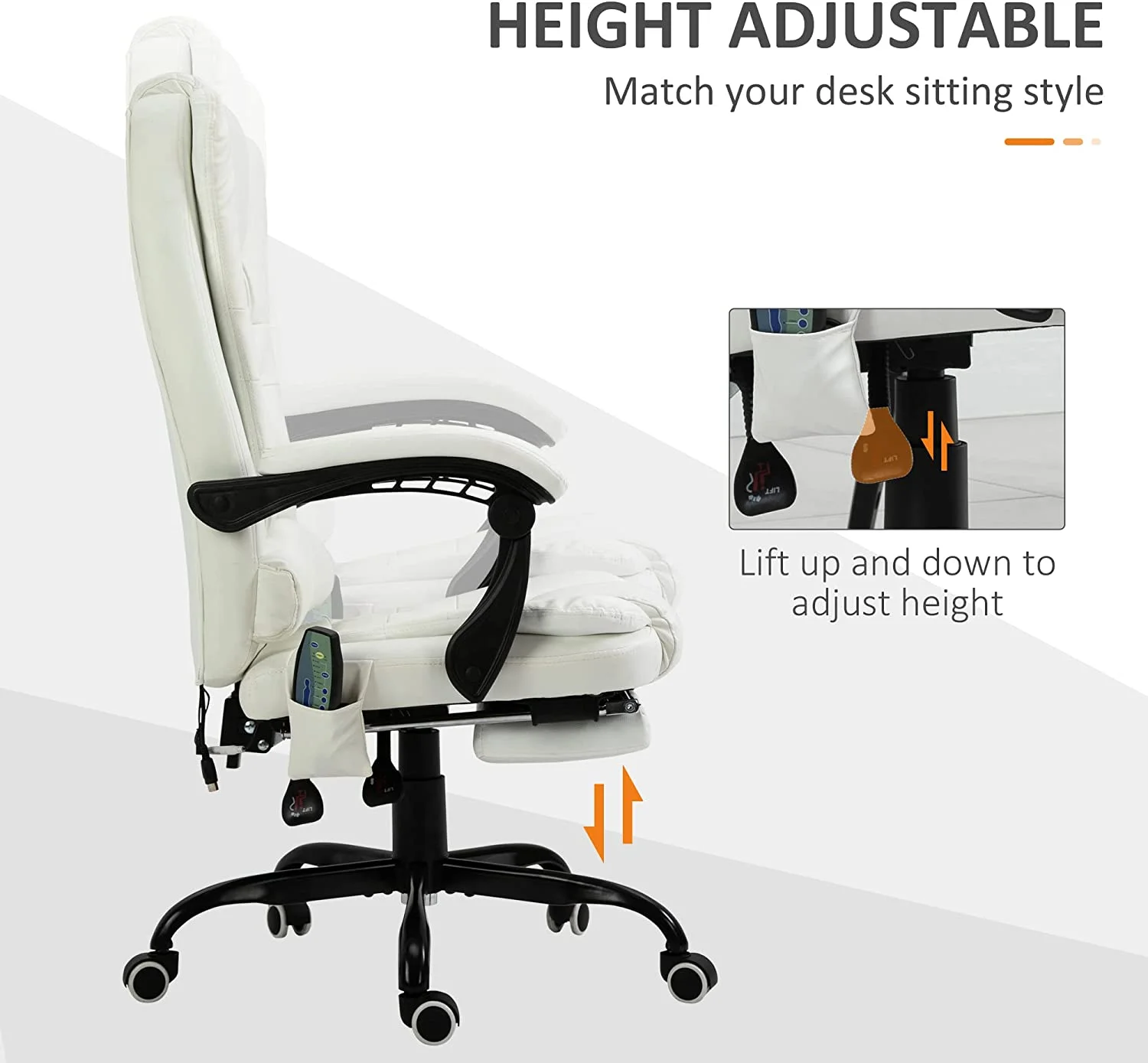 Vibrating Massage Office Chair, High Back Executive Recliner With Lumbar Support, Footrest, Reclining Back, Adjustable Height, White