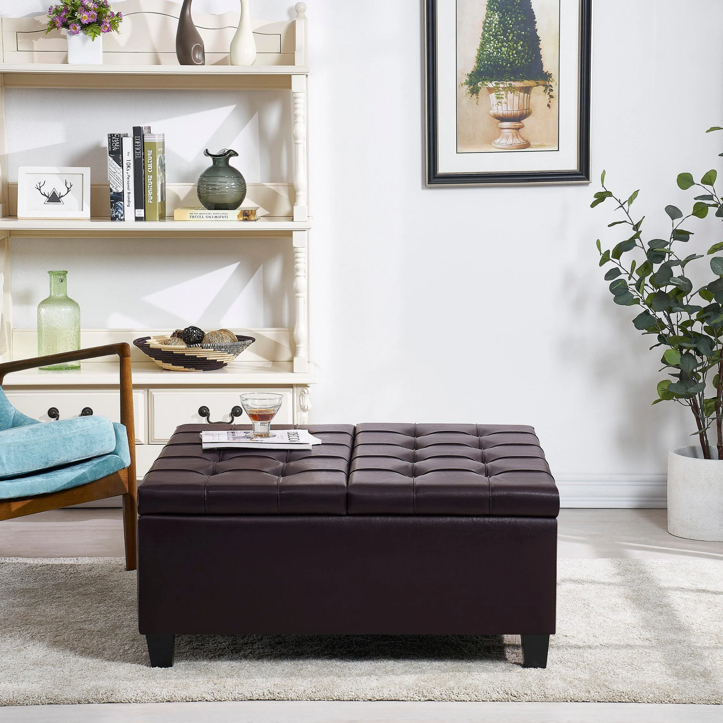 Supfirm Large Square Faux Leather Storage Ottoman | Coffee table for Living Room  Bedroom (Dark Brown)