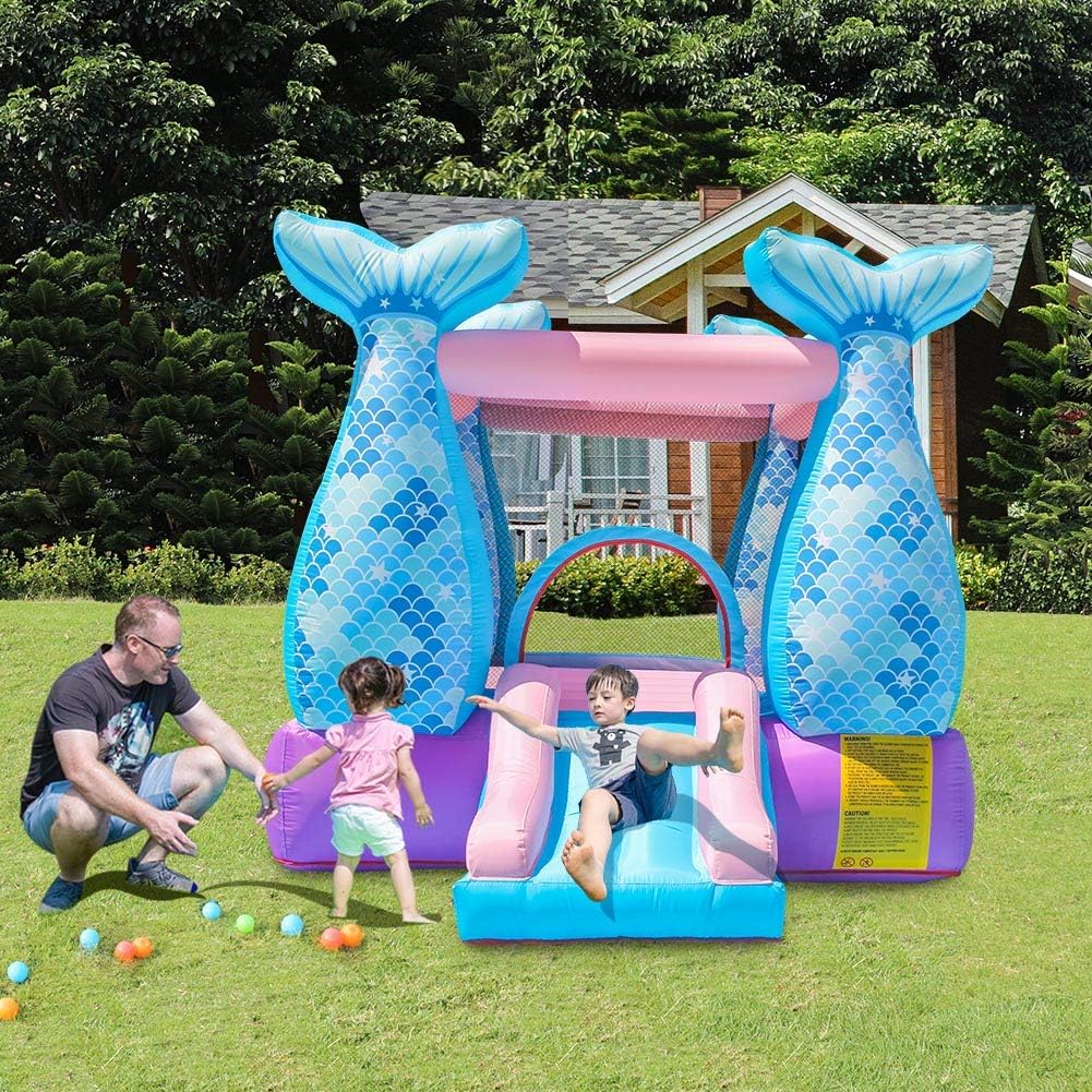 Bounce House Inflatable Mermaid Bouncy Castle House with Air Blower for Kids Party