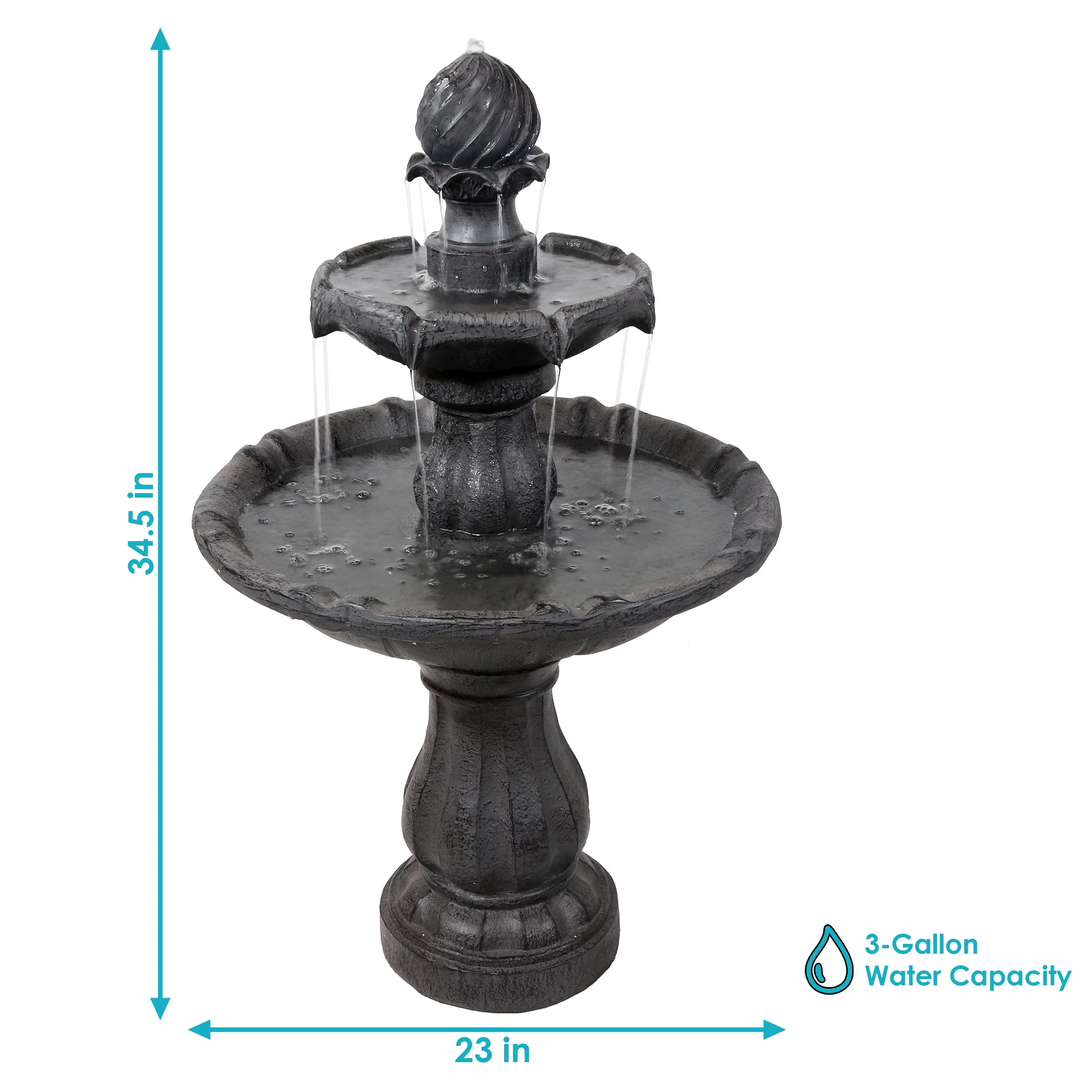 Sunnydaze 2-Tier Solar Outdoor Water Fountain with Battery Backup - Black Finish - 35" H