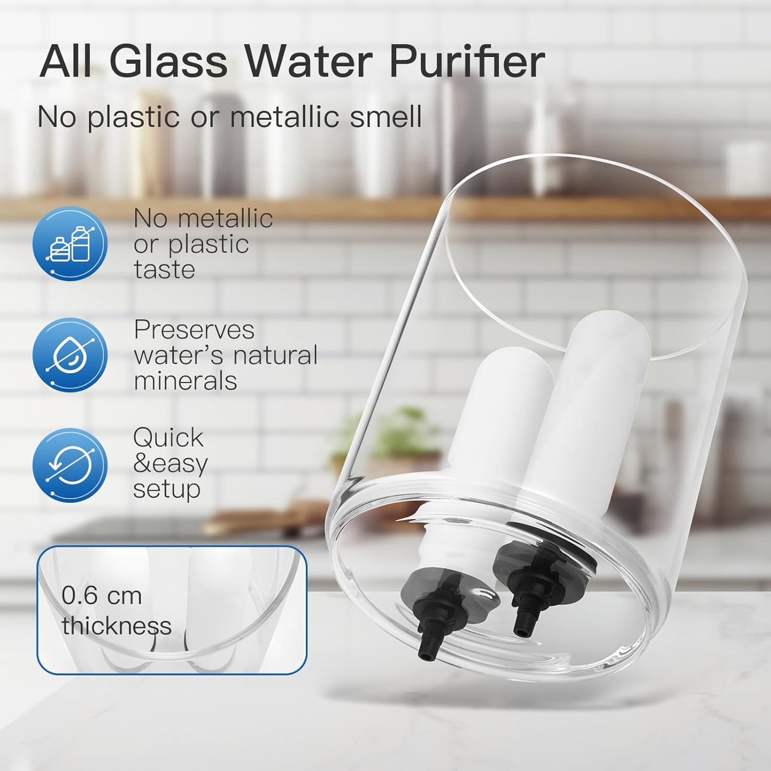 All Glass Gravity-fed Water Filter System, 2.25-Gallon All Glass Water Purifier with 4 Filters (2 Black Filter, 2 Ceramic Filter, 7 Inch Stand, Protective Sleeve), Reduces 99% Chlorine