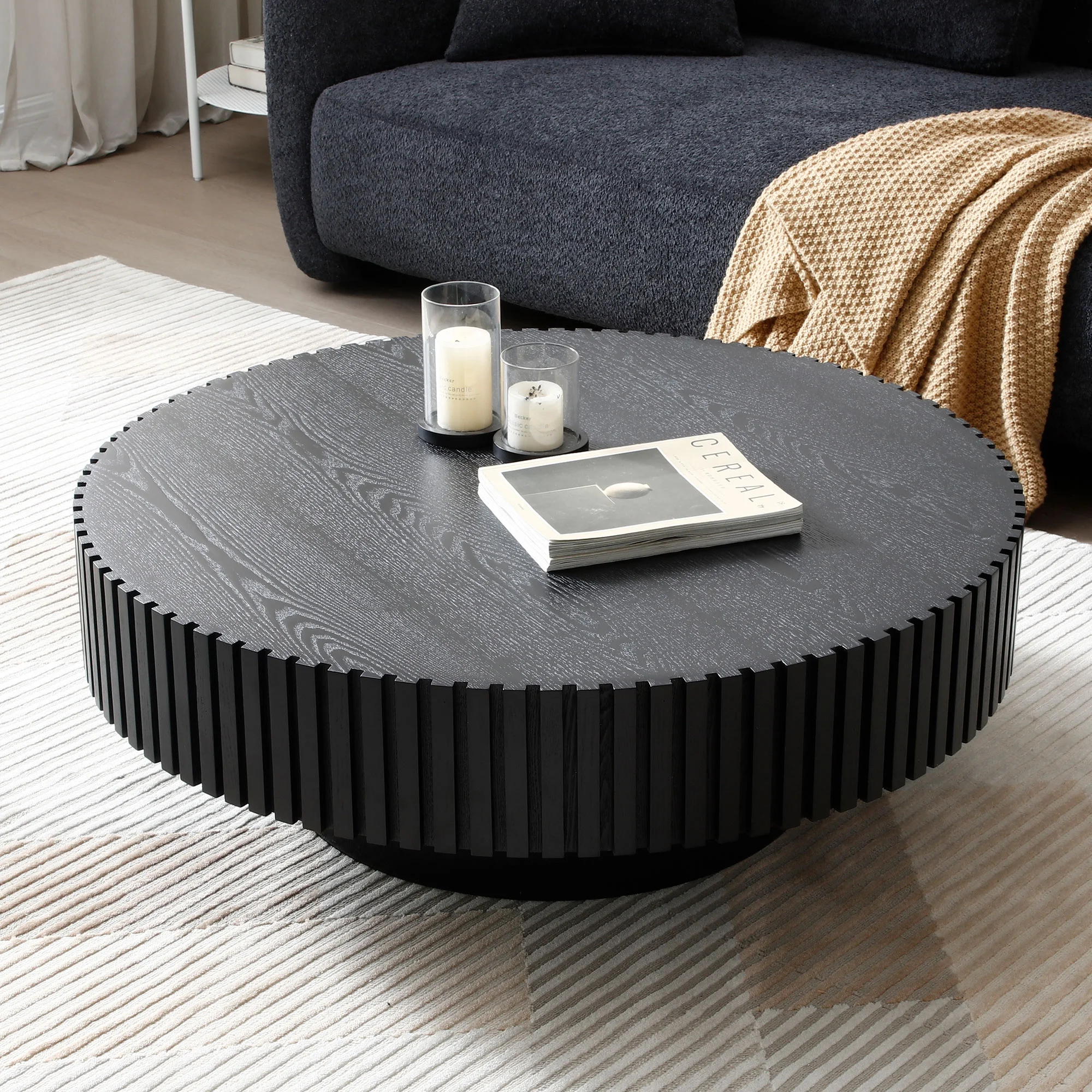 Kevinplus BLACK MDF Coffee Table 39.37inch Modern Handcraft Drum Coffee Table Round Wood Coffee Table for Living Room, Apartment