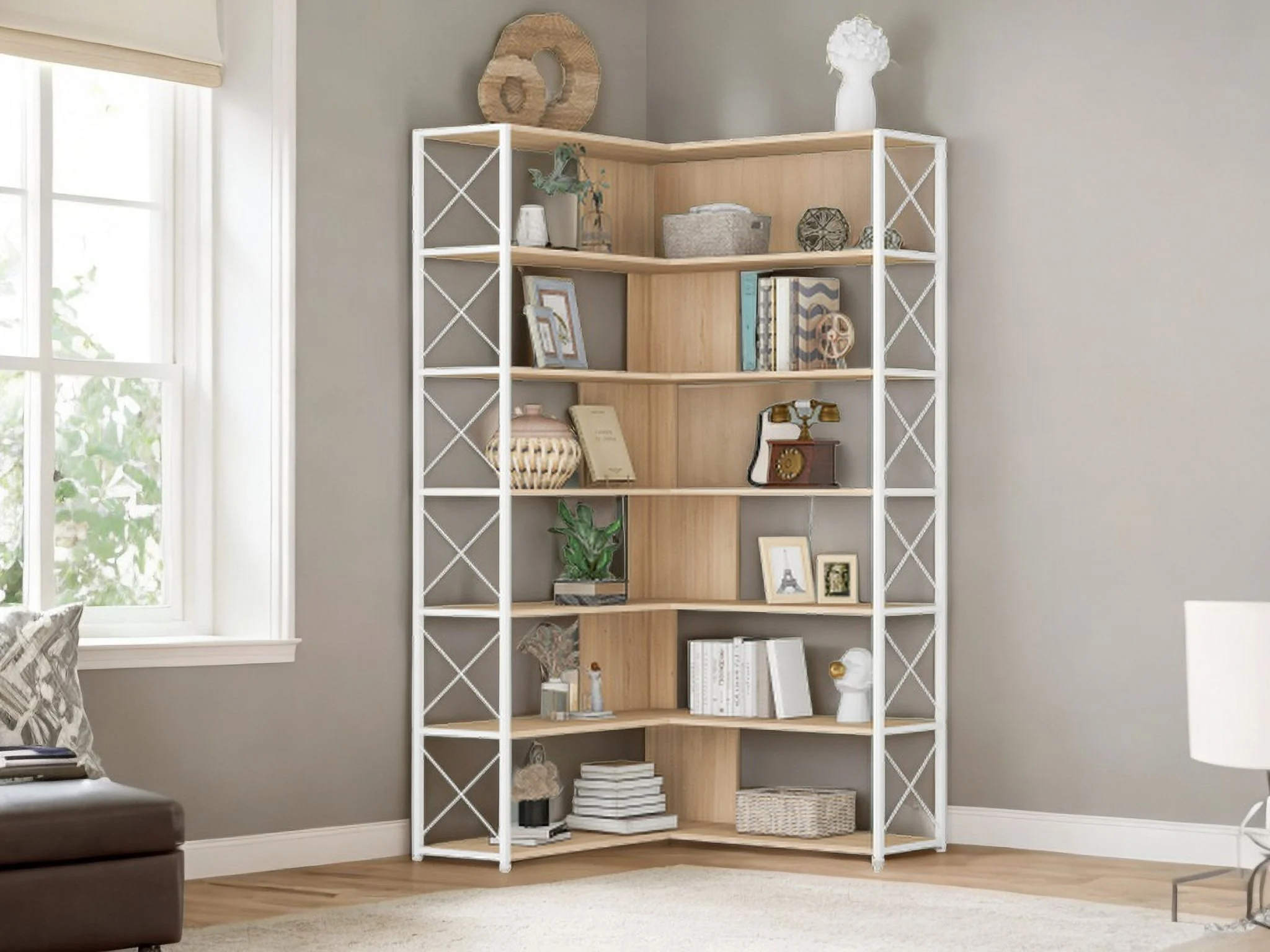 L-Shaped Corner Bookshelf 7-Tier Bookcase with Metal Frame and Industrial Style Design - Spacious Home Office Shelf for Books, Decor, MDF Boards - Sturdy and Stylish Storage Solution (Oak)