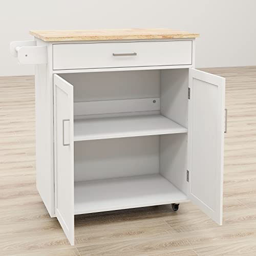 ACLULION Small Kitchen Island Cart with Storage, Rolling Kitchen Island with Rubber Wood Top, Kitchen Island on Wheels with Drawer, Towel Rack and Cabinet for Kitchen, Dining Room (White)