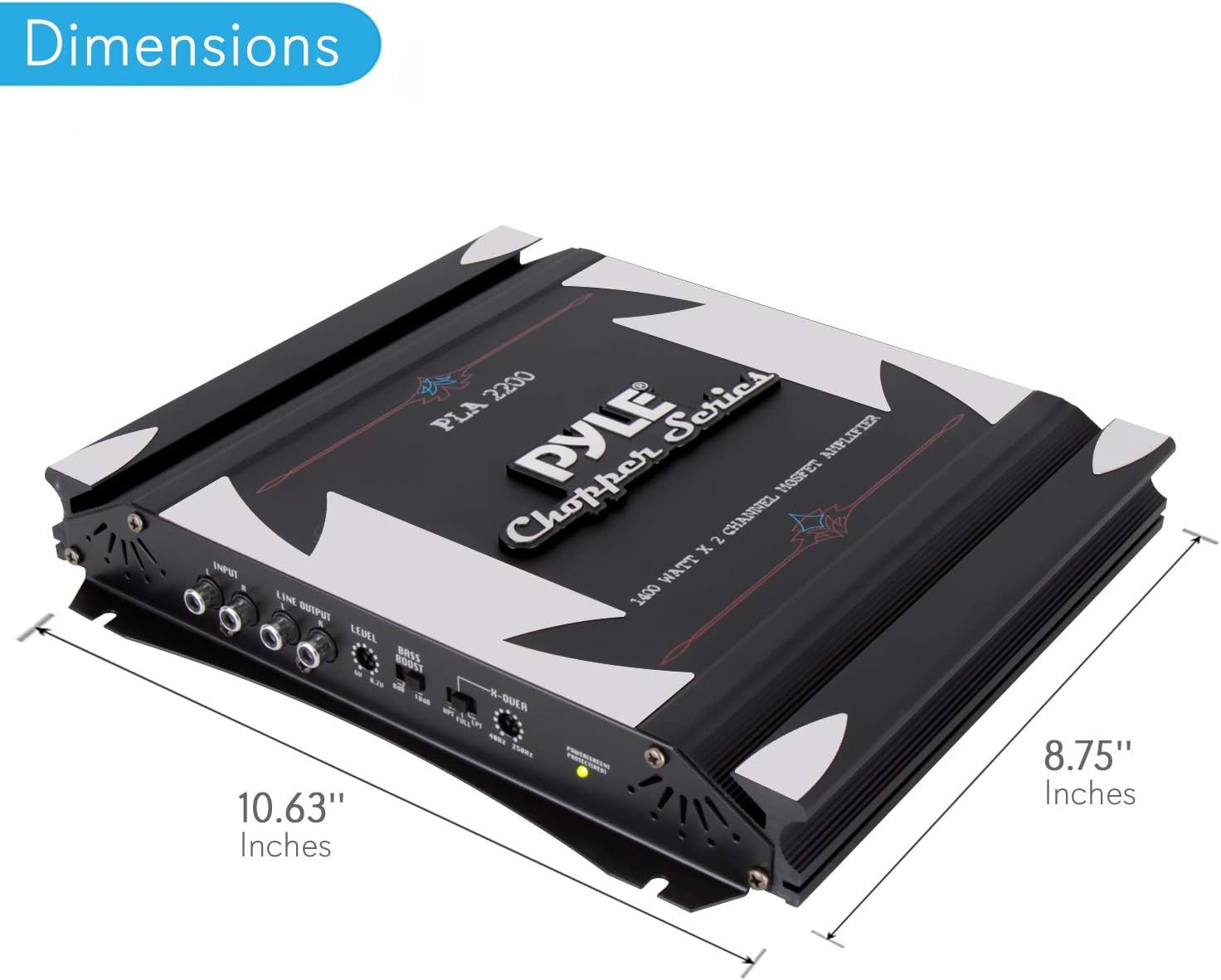 2 Channel Car Stereo Amplifier - 1400W Dual Channel Bridgeable High Power MOSFET Audio Sound Auto Small Speaker Amp w/ Crossover, Bass Boost Control, Gold Plated RCA Input Output - Pyle PLA2200, Black