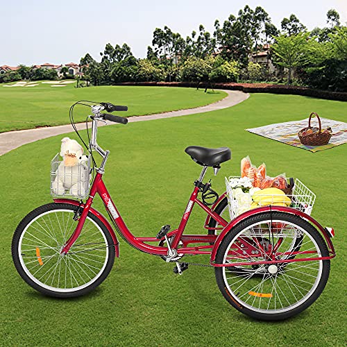 PEXMOR Adult Tricycle 7 Speed, 24/26 Inch 3 Wheel Bikes Tricycle for Adults, Adult Trike for Women/Men/Seniors, Three Wheel Cruiser Bike w/Folding Front & Rear Basket for Shopping/Recreation/Picnic