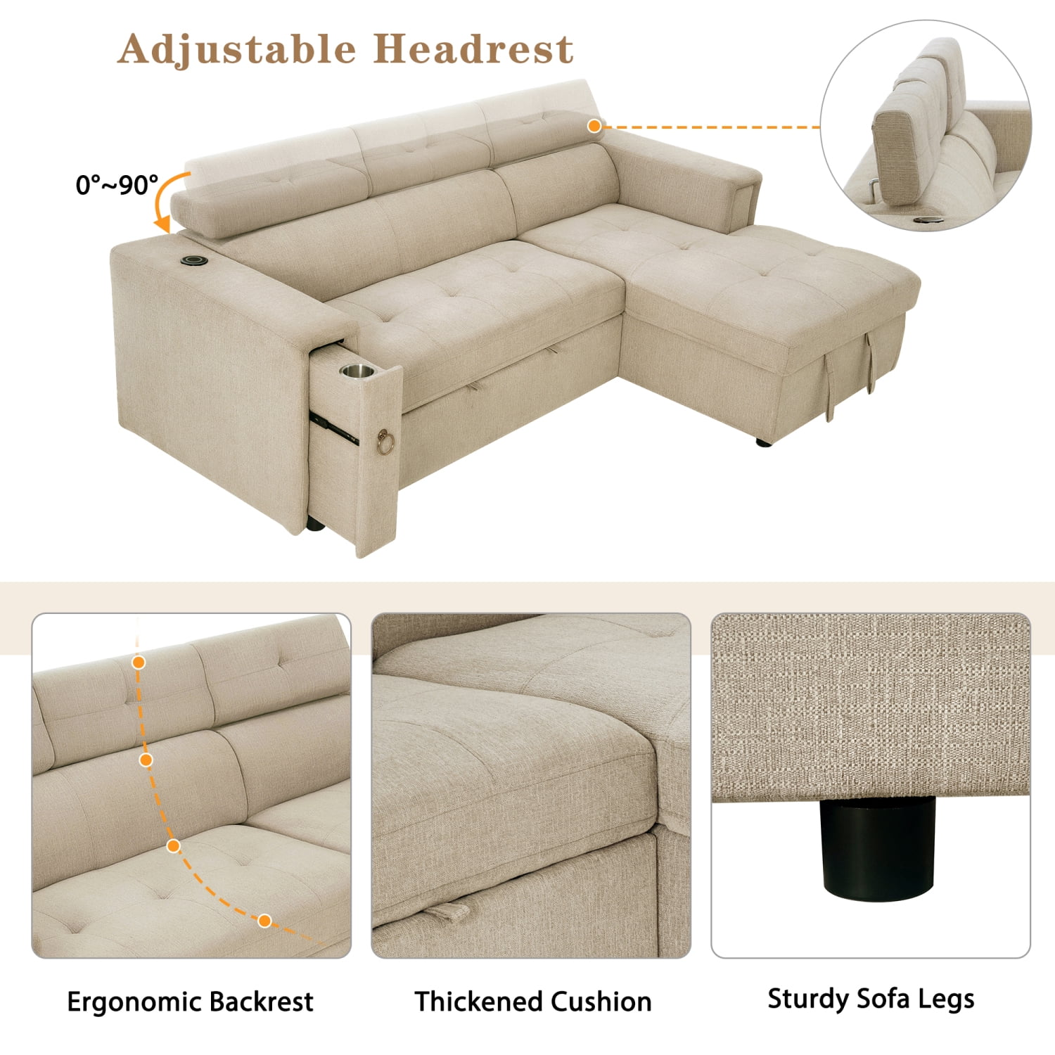Churanty Pull Out Couch Bed with Storage and Cup Holder Sectional Sleeper Sofa with Wireless Charging L Shaped Couch with Adjustable Headrest Convertible Sofa Bed for Living Room,Beige - Curated Treasures Market