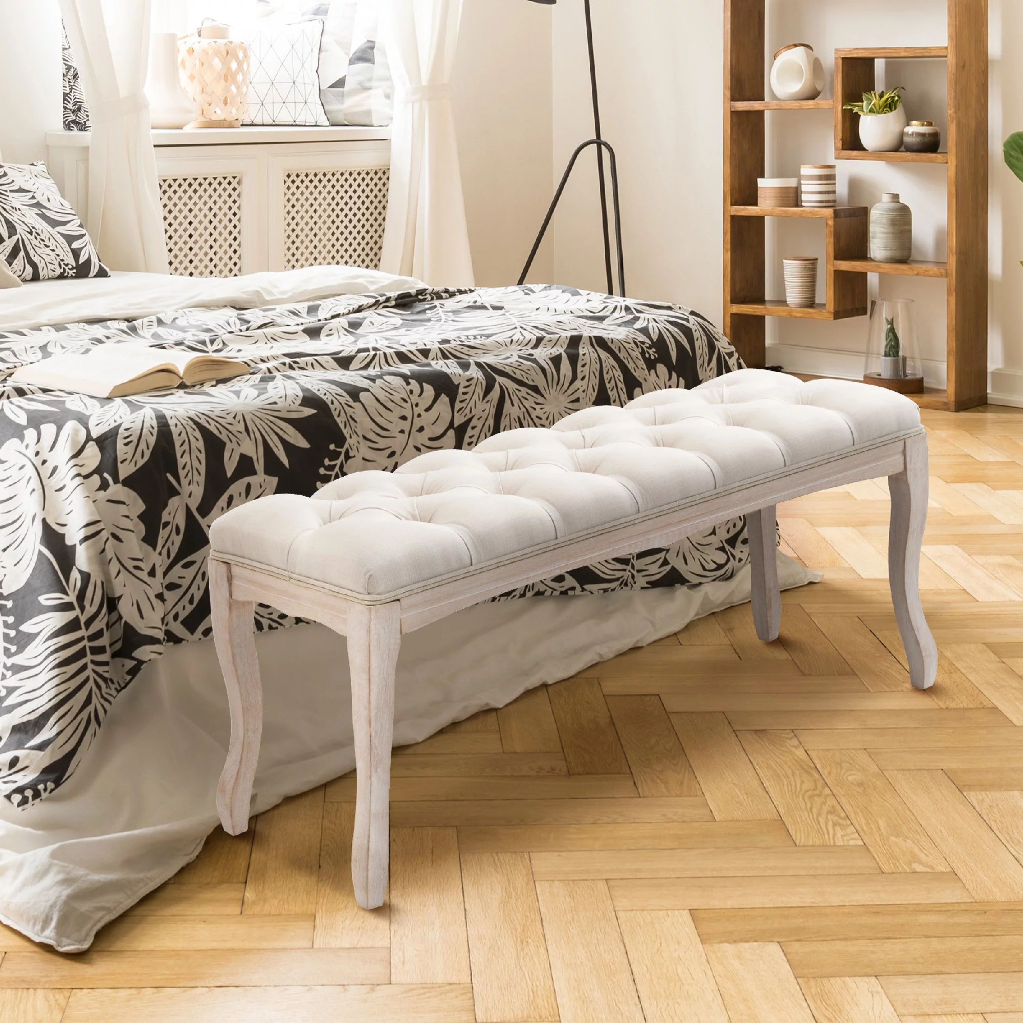 Pellebant Upholstered Tufted Bed Bench, Wood Ottoman Rectangular Footrest,Beige