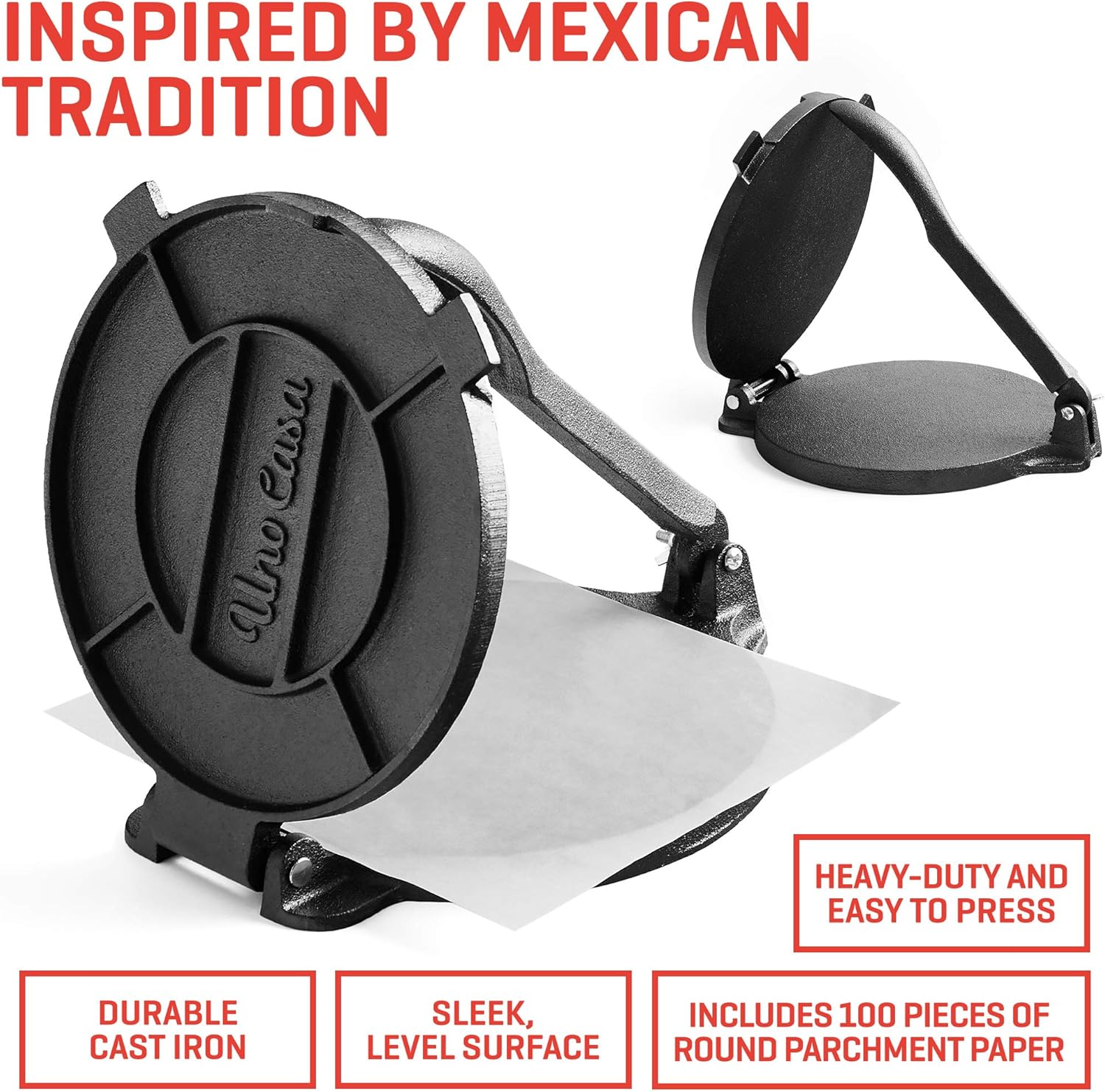 Uno Casa Cast Iron Tortilla Press 8 Inch with Cast Iron Comal Pan - Bundle of Tortilla Pan for Roti, Tawa, Dosa and Pre-Seasoned Tortilla Press Pataconera