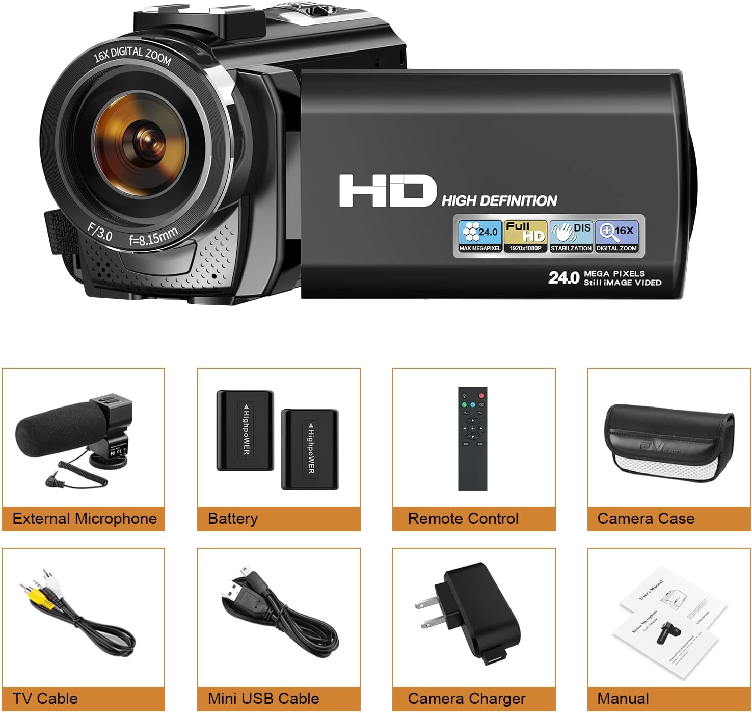 Video Camera Camcorder for YouTube, Aasonida Digital Vlogging Camera FHD 1080P 30FPS 24MP 3.0 Inch 270° Rotation Screen Video Recorder with Microphone, Remote Control, 2 Batteries
