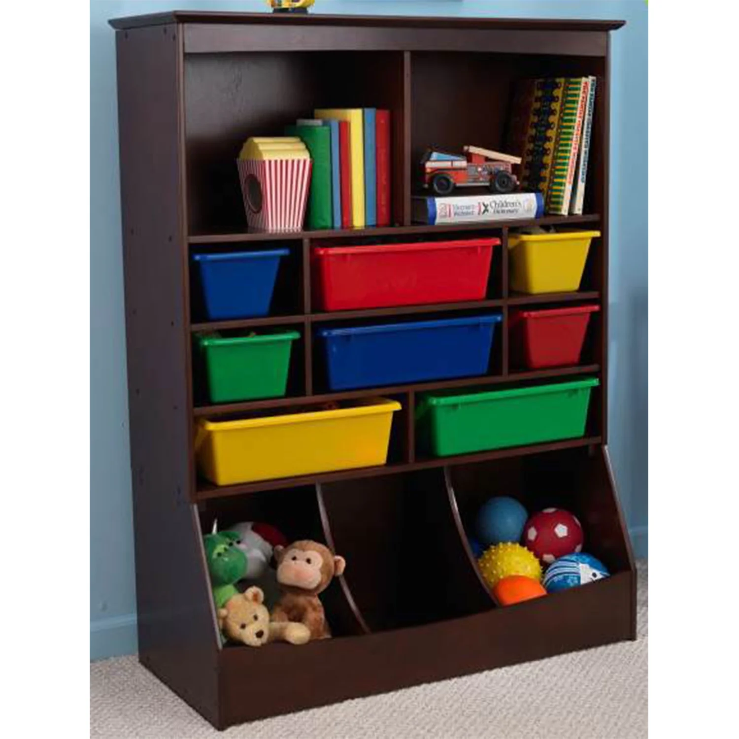 KidKraft Wood Wall Storage Unit Organizer with 8 Bins, Espresso