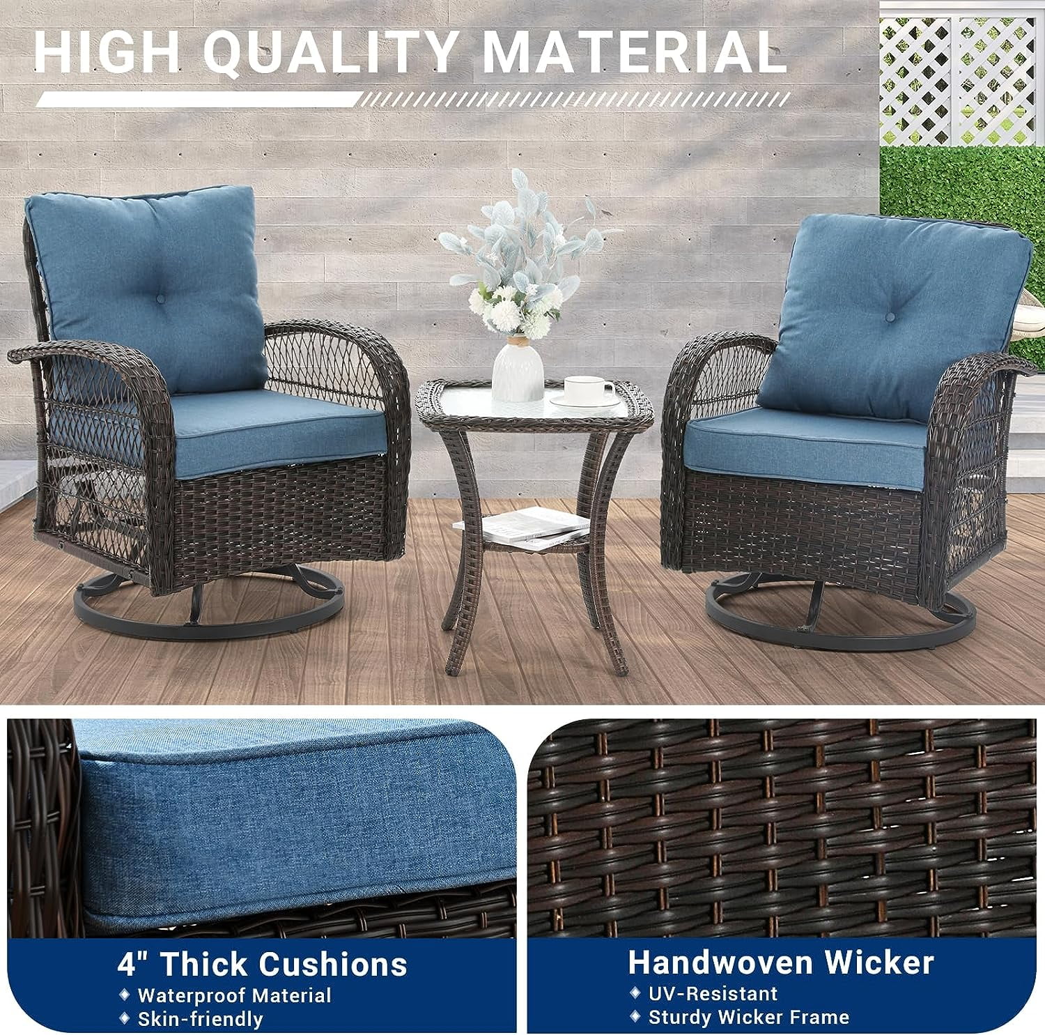 UDPATIO 3 Pieces Patio Furniture Set, Outdoor Swivel Gliders Rocker, Wicker Patio Bistro Set with Rattan Rocking Chair, Glass Top Side Table and Thickened Cushions for Porch Deck Backyard (Navy)