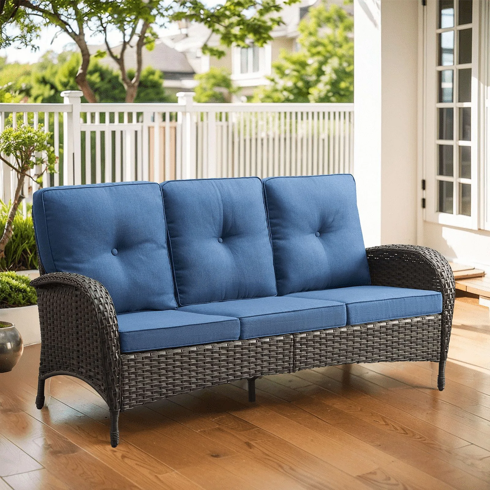 PARKWELL Outdoor 3 Seats Patio Sofa Furniture, All-Weather Wicker Rattan Couch with Removable Cushions,Blue - Curated Treasures Market