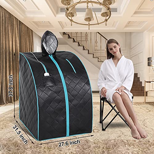 Smartmak Far Infrared Sauna, Full Body One Person Portable SPA Set with Time & Tempreture Remote Control, Heating Foot Pad and Foldable Reinforced Chair (L 27.6’’ x W 31.5’’ x H 37.8’’)- Blue Border