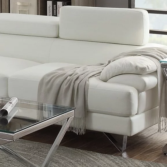 Bobkona Living Room 2pcs Sectional Sofa White Faux Leather Chaise Sofa Cushion Tufted Seat Flip up Headrest Couch
