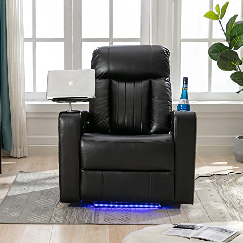 Merax Electric Recliner Chair with USB Charge Port, 360 Swivel Tray Table, Hand in-Arm Storage, and Cup Holders, Ambient Lighting - Ambient Lighting Gaming Recliner Chair Home Theater Seating(Brown)