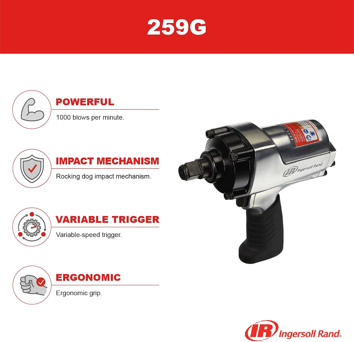 Ingersoll Rand 259G Edge Series 3/4" Drive Air Impact Wrench, 1050 ft lbs Max Reverse Torque, Variable Speed Trigger, 6 Vane Motor, Forward/Reverse Power Regulator, Handle Exhaust, Black Silver