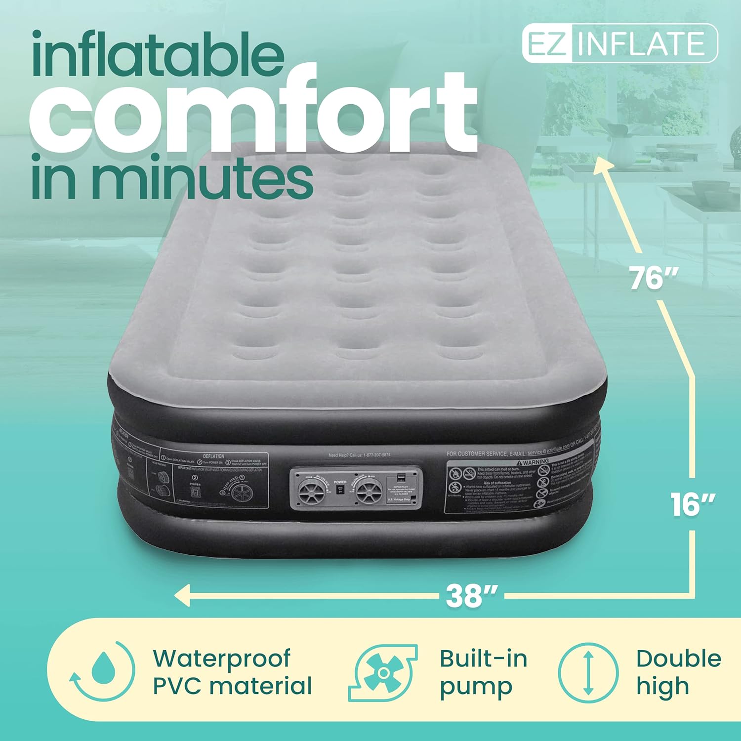 EZ Inflate Air Mattress with Built in Pump - Queen Size Double-High Inflatable Mattress with Flocked Top - Easy Inflate, Waterproof, Portable Blow Up Bed for Camping & Travel