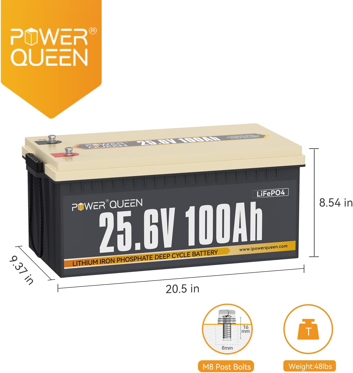 Power Queen 25.6V 100Ah 2.56kWh Deep Cycle LiFePO4 Battery with Longer Runtime, Built-in 100A BMS, 4000+Cycles, 2.56kW Max Load Power, Perfect in Solar Storage System, RV, Marine, Backup Power, etc