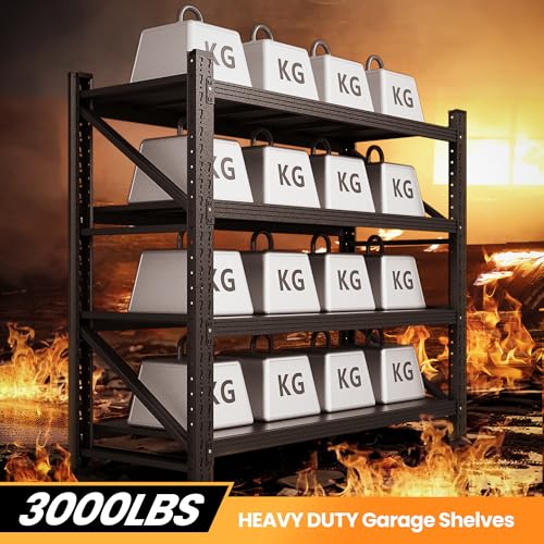 71” W Storage Shelves Heavy Duty, 5000LBS Metal Garage Shelving Units, 4 Tier Storage rack shelf, Steel Industrial Shelving , Adjustable Standing Shelf for Basement/Warehouse 71"W x 24"D x 70"H, Black