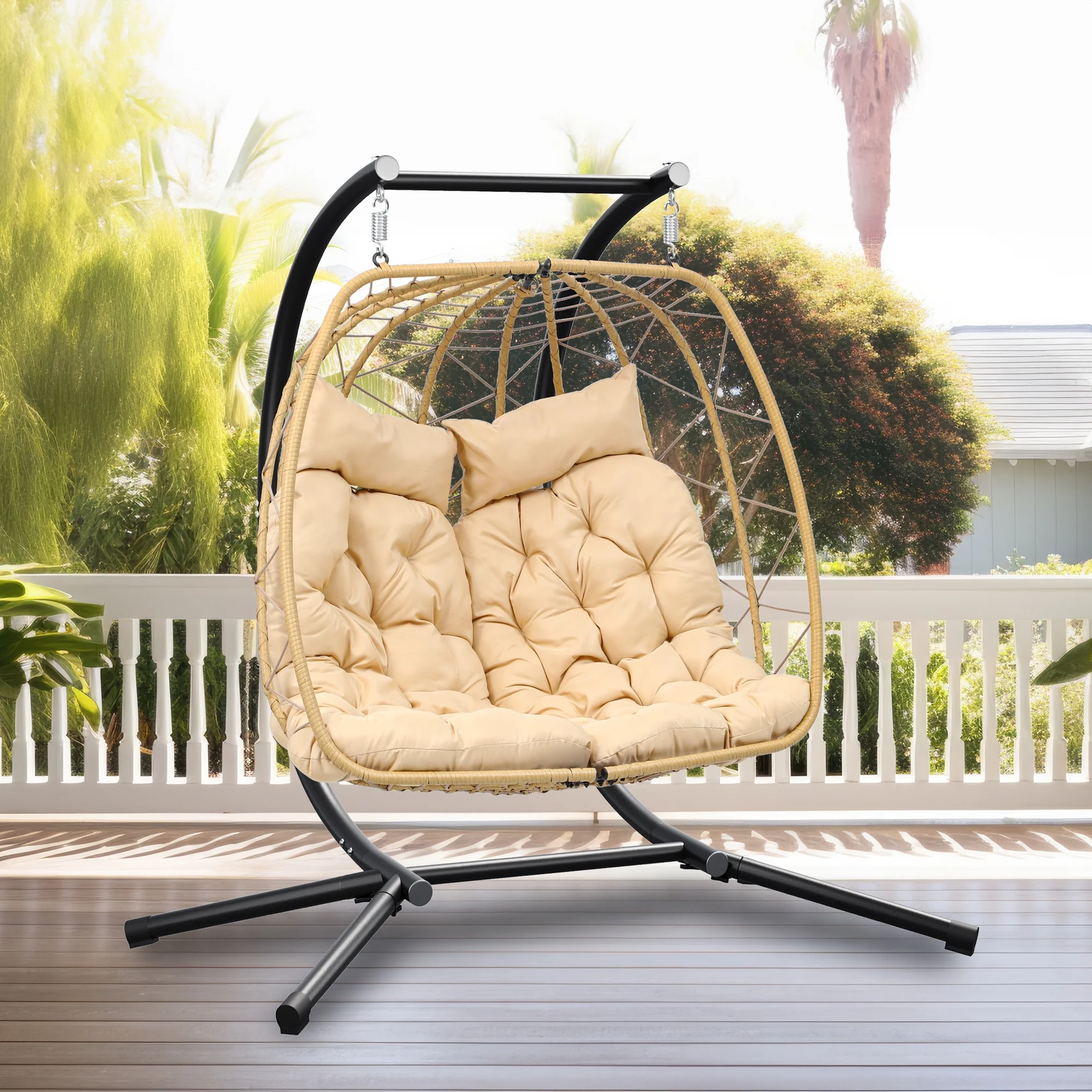 Dextrus Hanging Egg Swing Chair with Stand Double Egg Chair 2 Person Wicker Chair Indoor Outdoor Hammock Egg Chair with Cushions 500lbs for Patio, Bedroom, Garden and Balcony, Beige