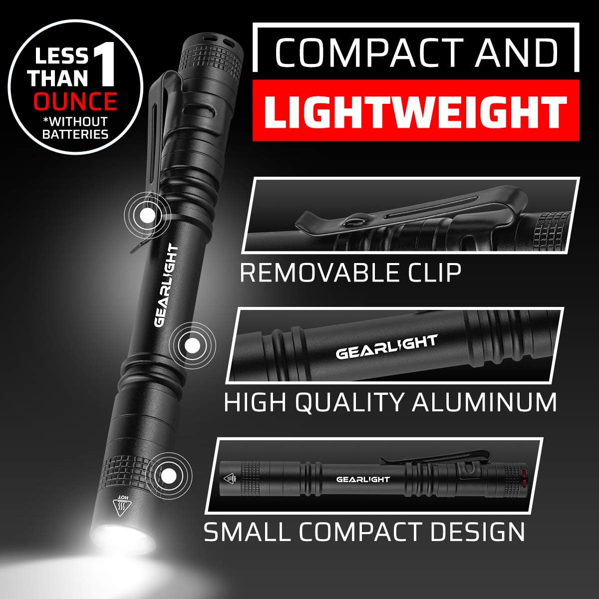 GearLight S100 LED Pocket Pen Light- 2 Small, Compact Flashlights with Clip for Tight Spaces, Police Inspection, Nurses & Medical Use Pack of 2